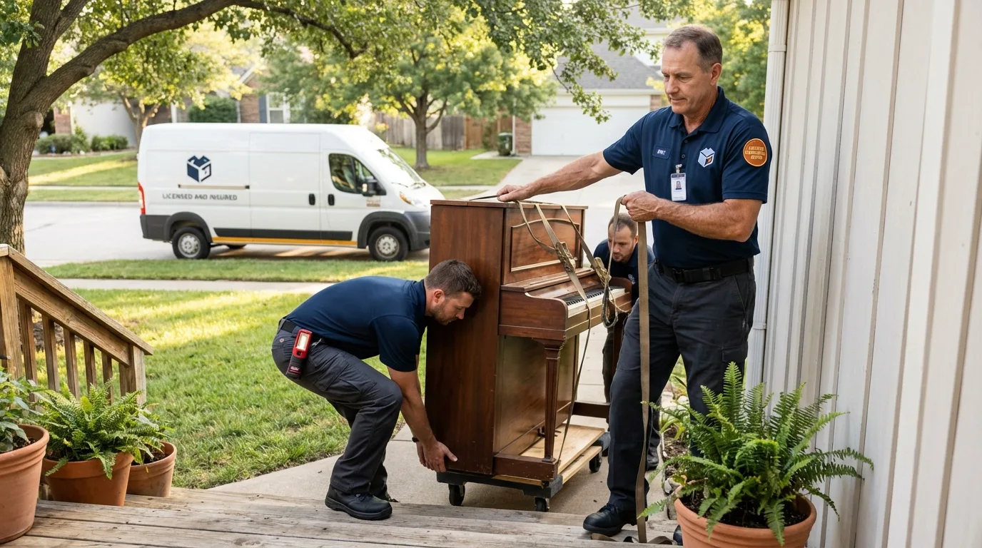 Licensed piano movers securing grand piano in Edinboro, PA