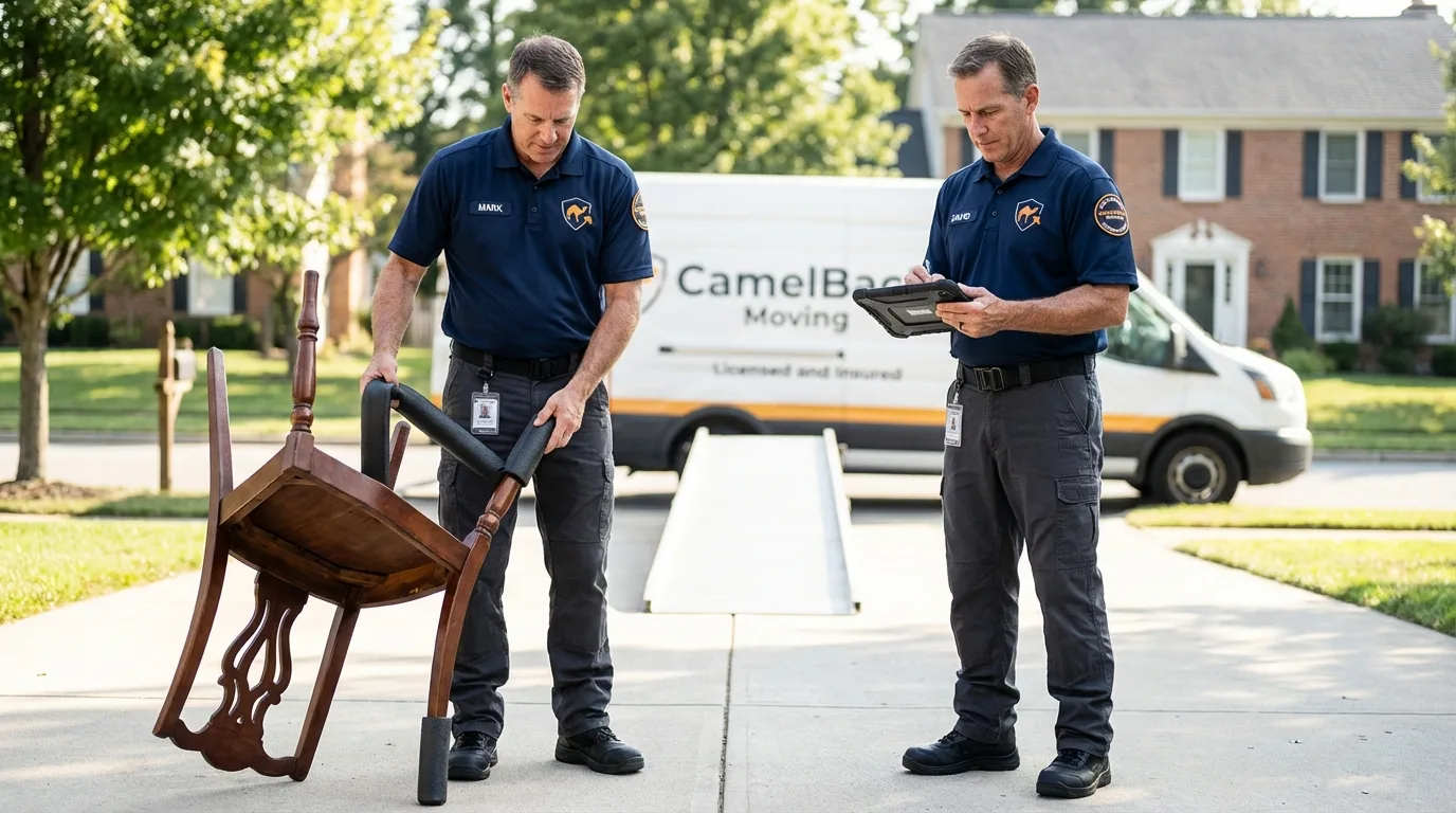 Movers inspecting furniture for damage prevention before loading in Edinboro, PA