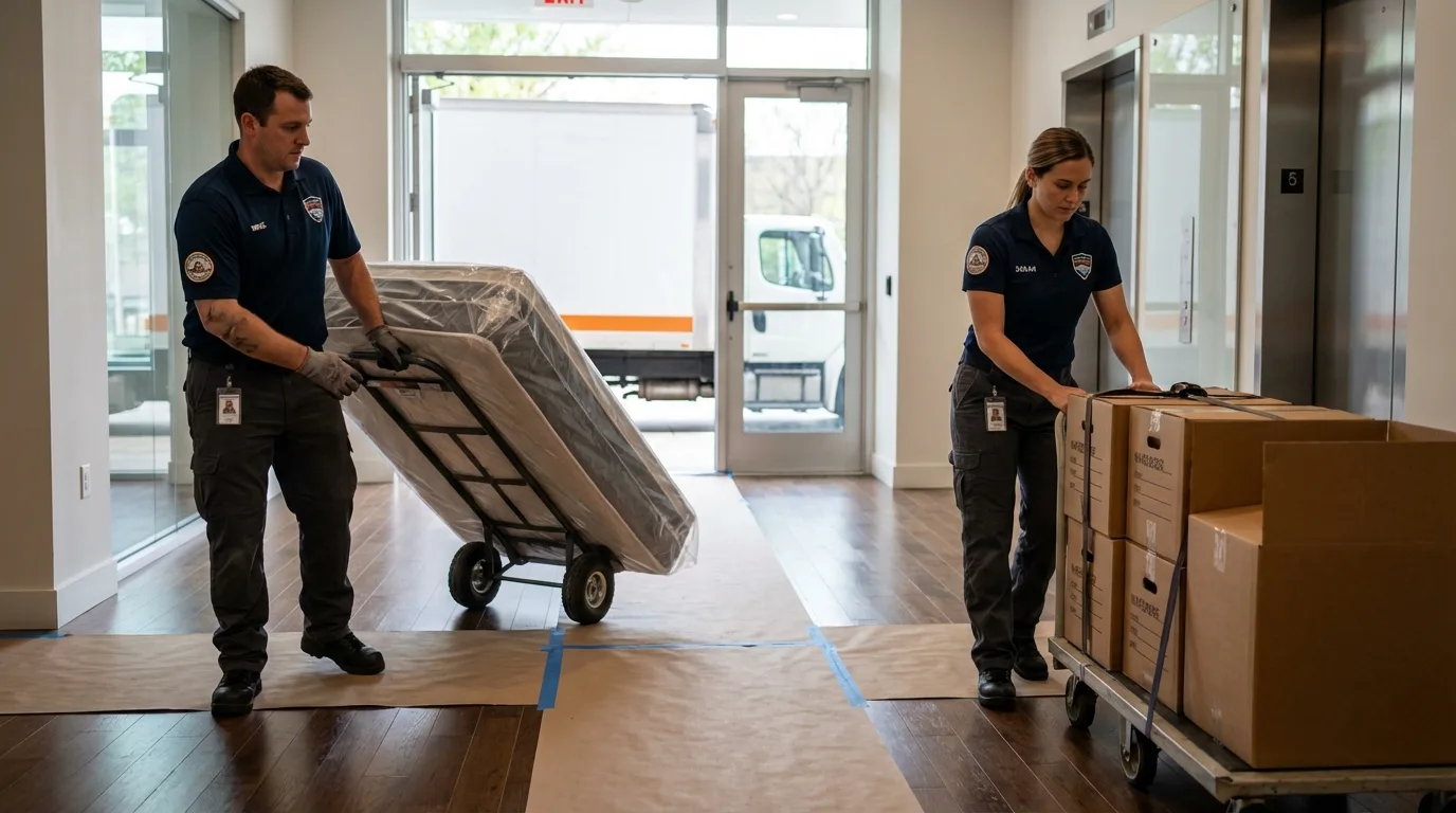 Professional apartment movers loading elevator in Edinboro, PA