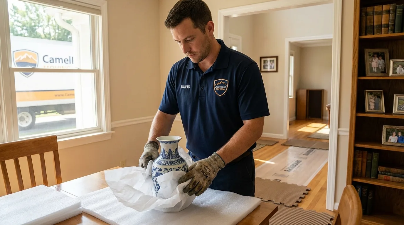 Professional crew carefully wrapping antique vase for senior downsizing move in Edinboro, PA
